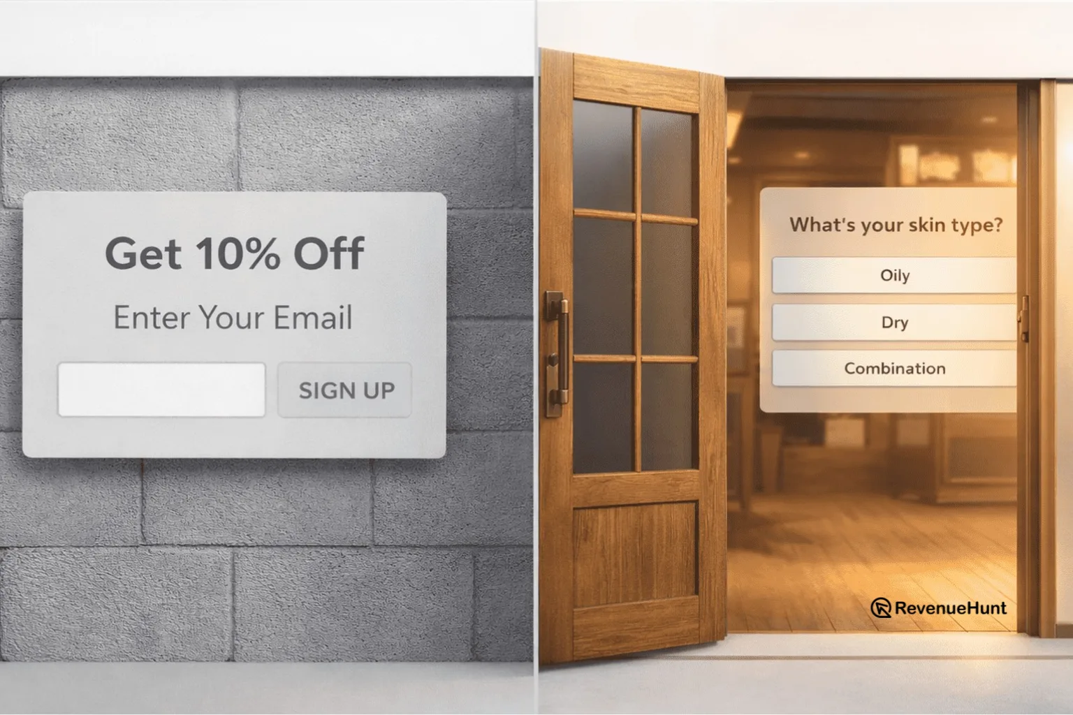 Split image showing a popup as a wall blocking a storefront versus a quiz as an open door inviting customers in
