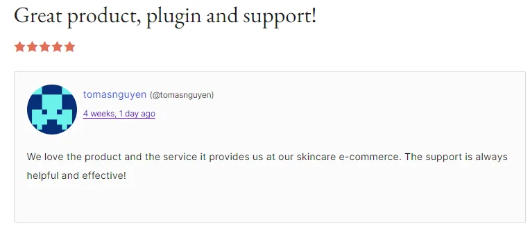 WooCommerce merchant review by tomasnguyen from a skincare ecommerce store