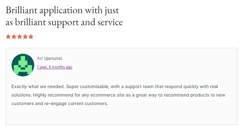 WooCommerce merchant review by arisztal recommending the plugin for any ecommerce site