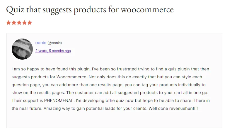 WooCommerce merchant review by oonie praising the multi-results-page and tag features for lead generation