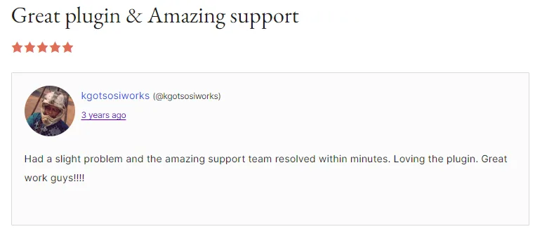 WooCommerce merchant review by kgotsosiworks praising the support team's minutes-fast response