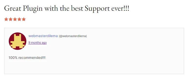 Closing testimonial screenshot summarising the 5-star sentiment across the WooCommerce review feed