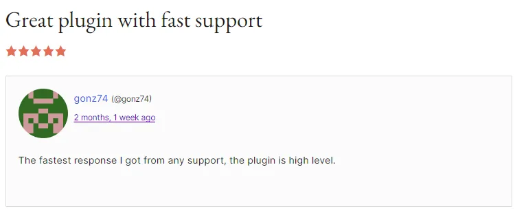 WooCommerce merchant review by gonz74 highlighting unusually fast support response