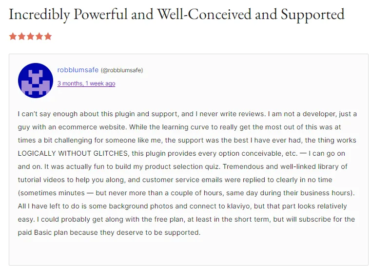 WooCommerce merchant review by robblumsafe with an unusually thorough endorsement of the plugin and support