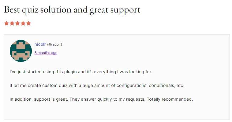 WooCommerce merchant review by nicolr praising the configuration depth
