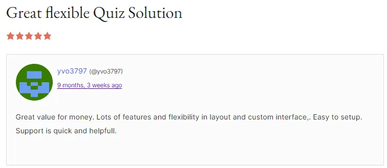 WooCommerce merchant review by yvo3797 praising the value and customisation flexibility