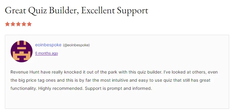 WooCommerce merchant review by eoinbespoke calling it the most intuitive quiz builder