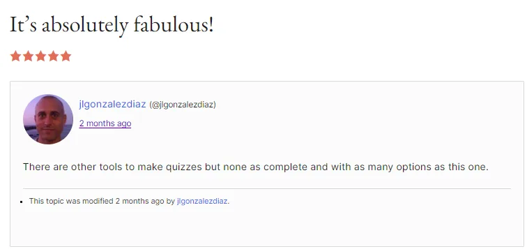 WooCommerce merchant review by jlgonzalezdiaz comparing the plugin favourably against other quiz tools
