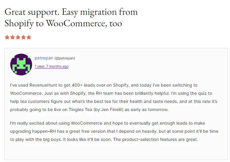 WooCommerce merchant review by petrepan citing 400+ leads captured