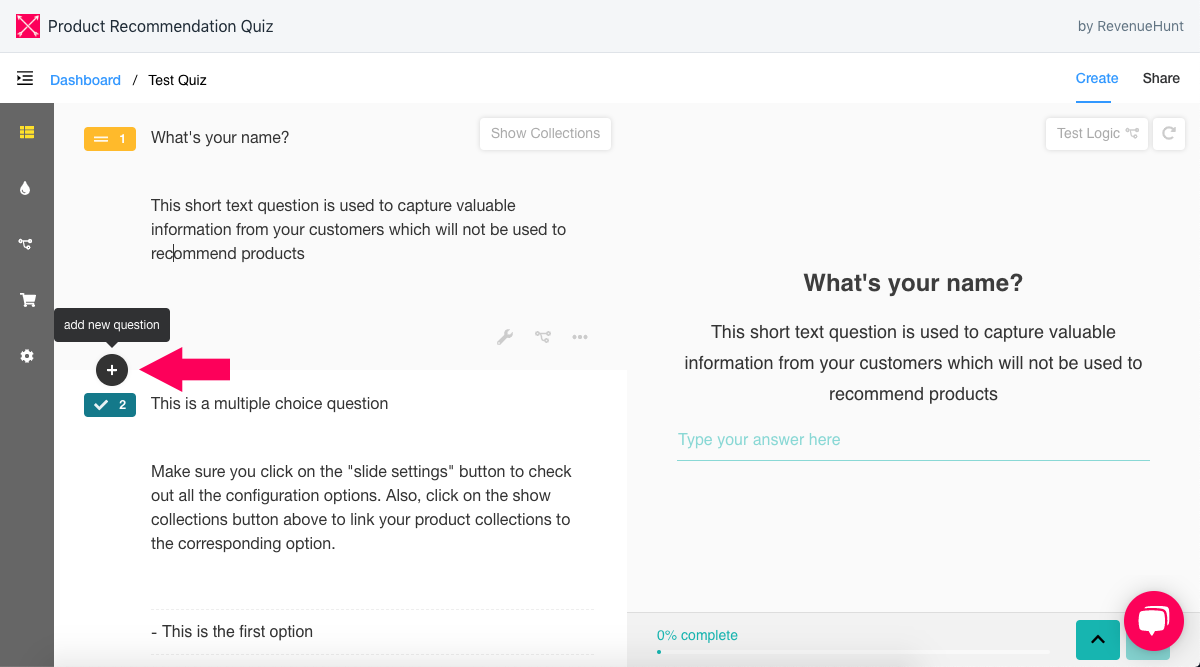 add new question product recommendation quiz