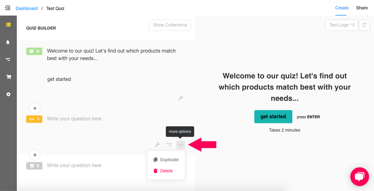 delete question product recommendation quiz