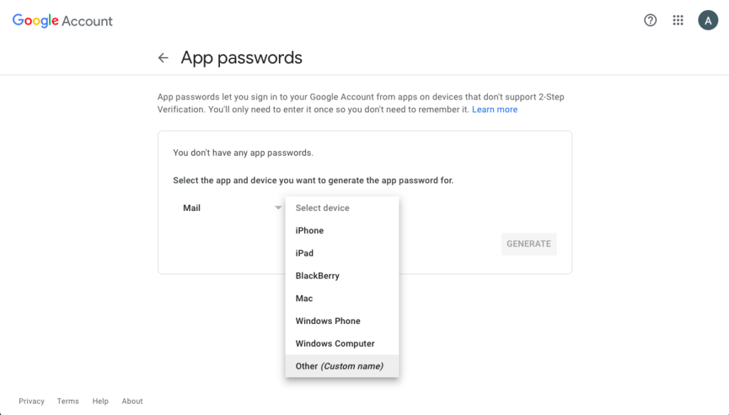 app passwords create