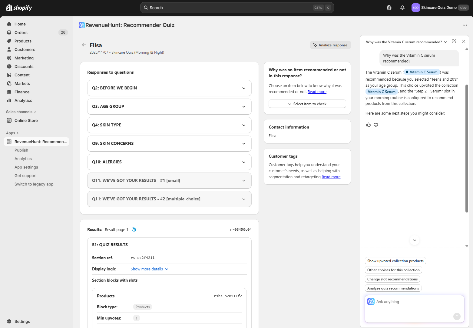 Shopify quiz analytics responses revenuehunt